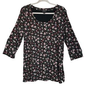 J.Jill Wearever Collection M Black/Pink Floral Print 3/4 Sleeves Lining Blouse